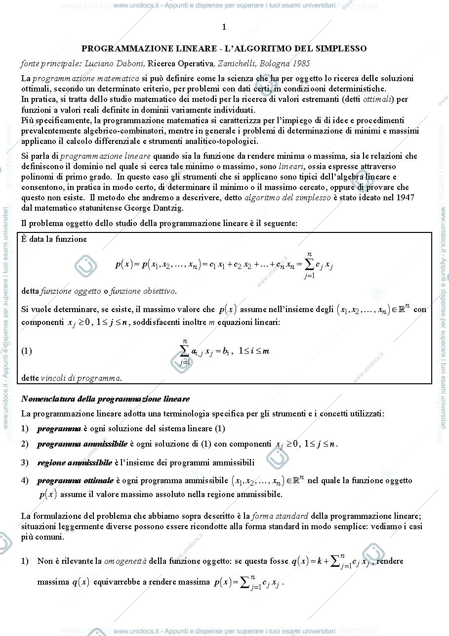 Anteprima pagina 1 — Programmazione lineare e metodo del simplesso