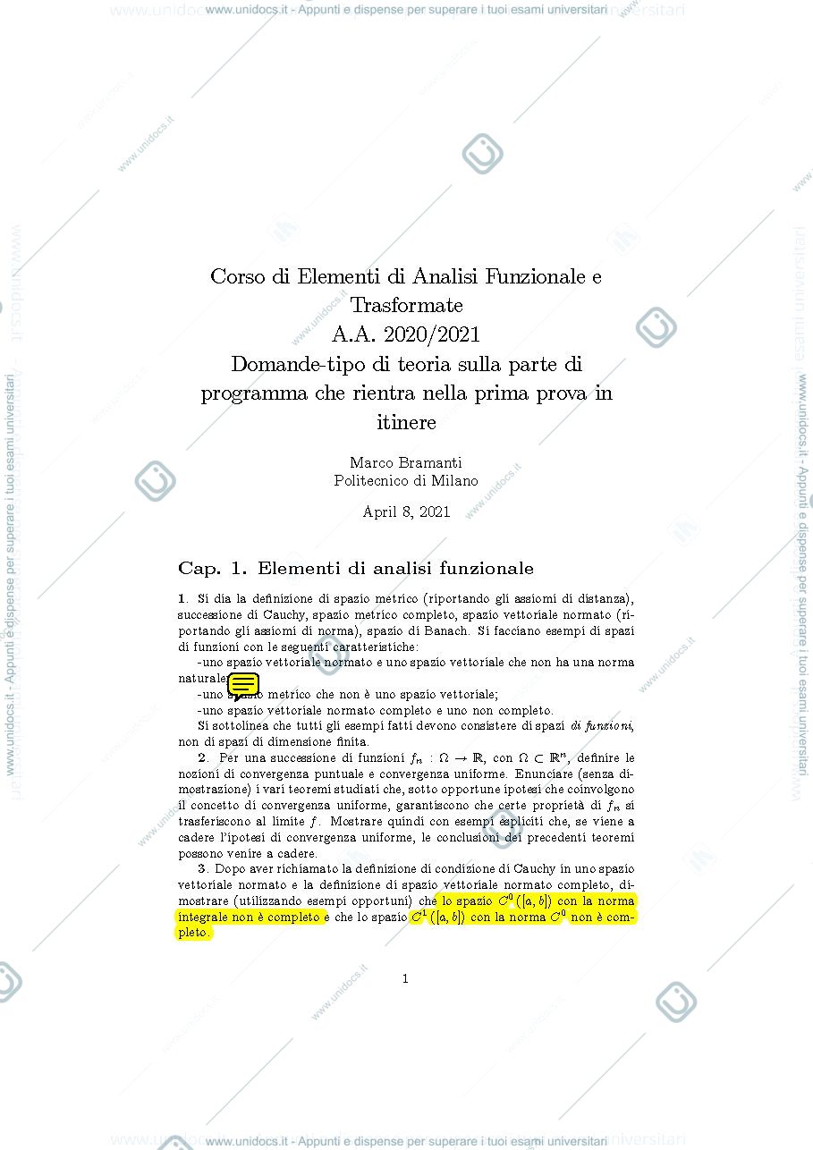 Anteprima pagina 1 — Domande tipo di teoria Prima prova in itinere (con risposte) prof: Bramanti