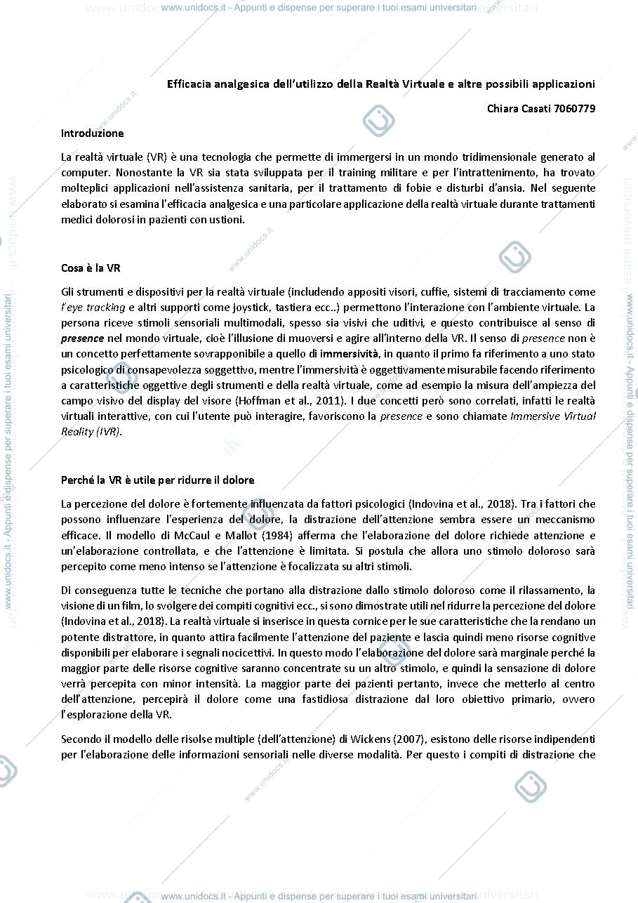Anteprima pagina 1 — Efficacia analgesica dell’utilizzo della Realtà Virtuale e altre possibili applicazioni