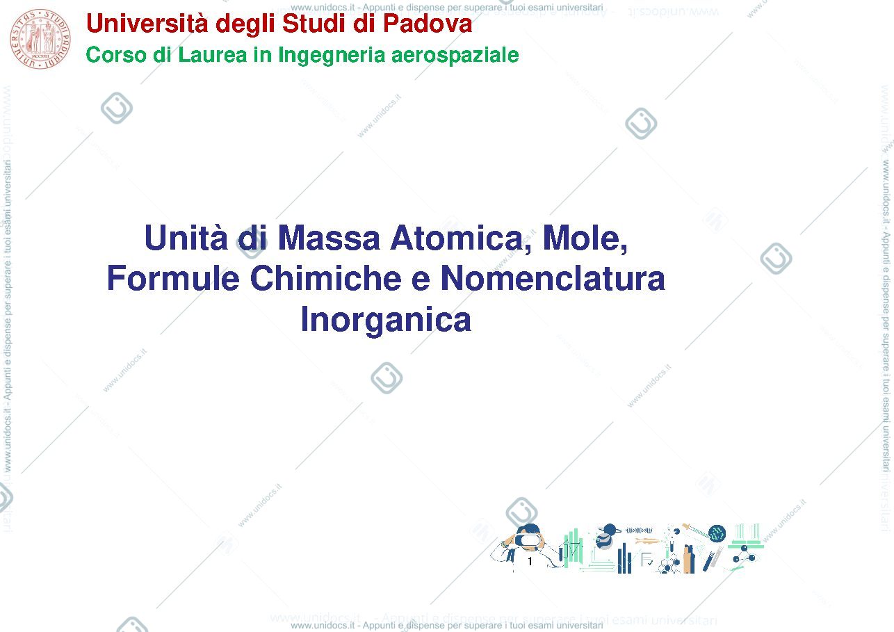 Anteprima pagina 1 — unità di Massa Atomuca, mole, formule chimiche e nomenclatura inorganica