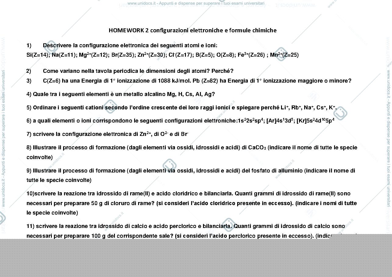 Anteprima pagina 1 — esercizi configurazioni elettroniche e formule chimiche