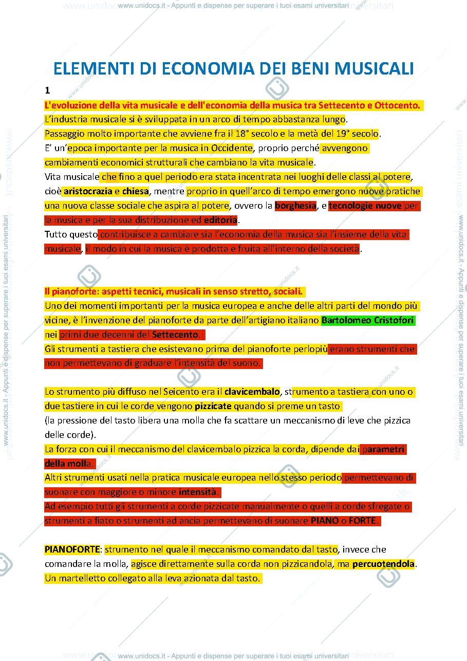 Anteprima pagina 1 — Riassunto Lezioni Economia dei beni musicali