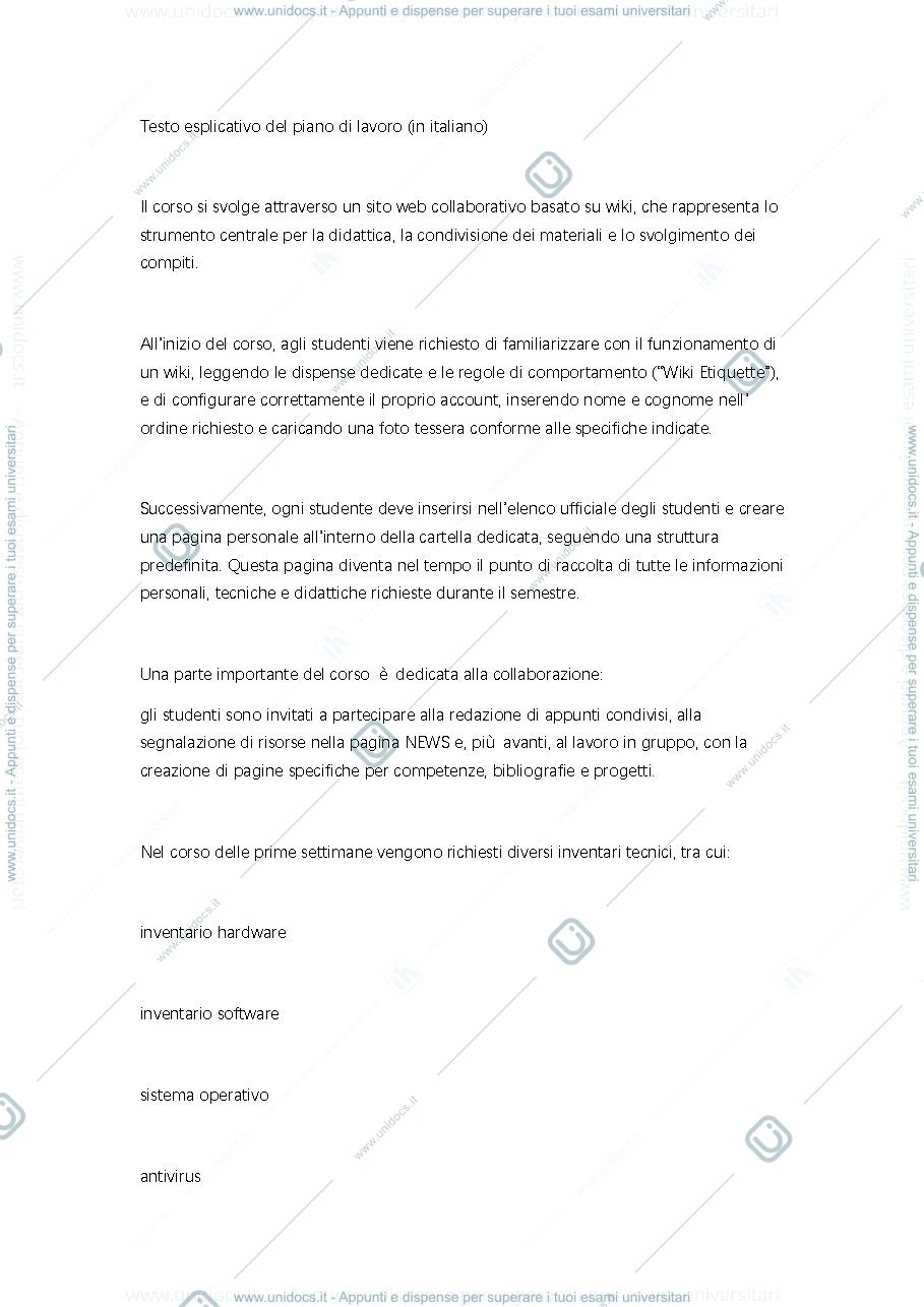 Anteprima pagina 1 — Testo esplicativo del piano di lavoro