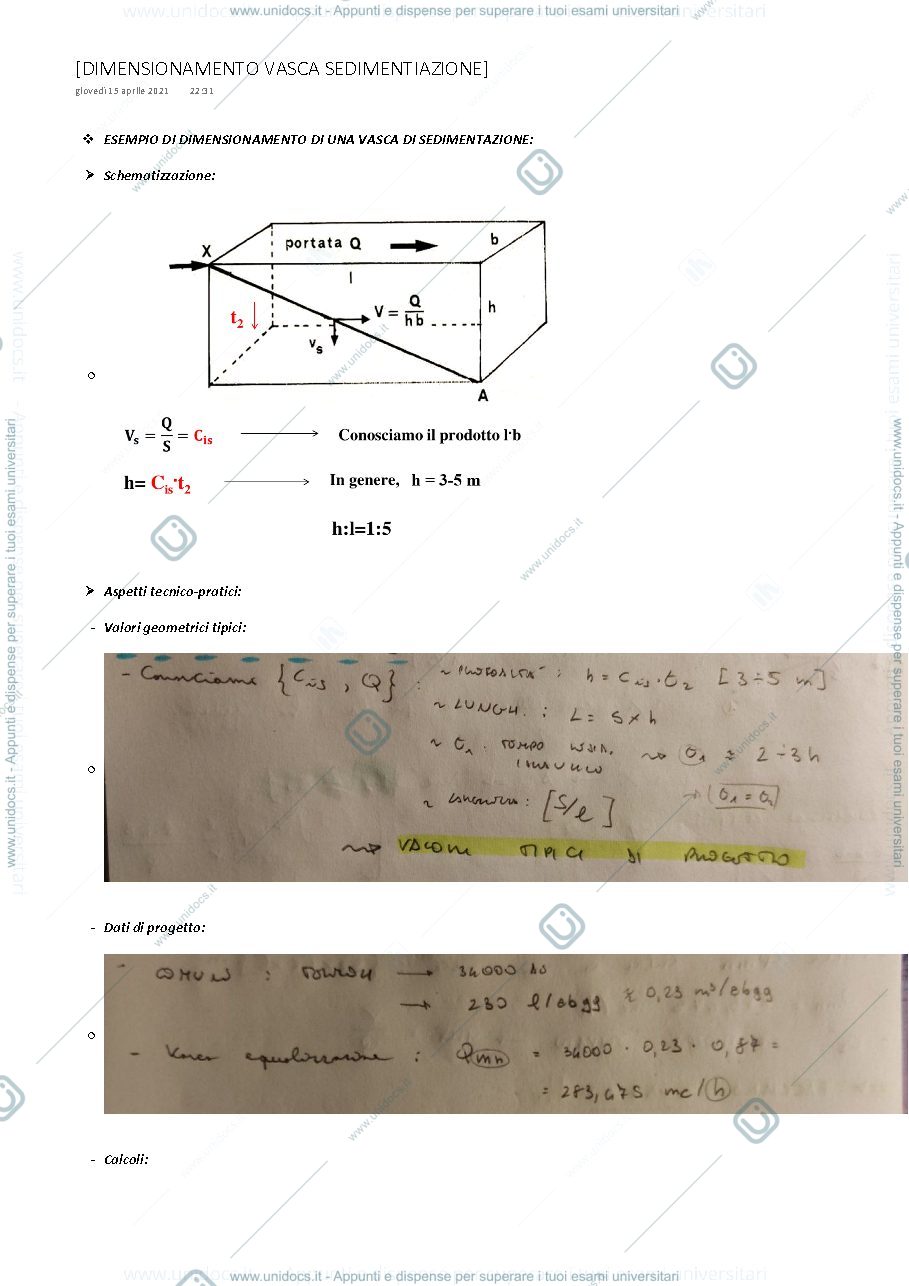 Anteprima pagina 1 — Progettazione e dimensionamento di una VASCA DI SEDIMENTAZIONE
