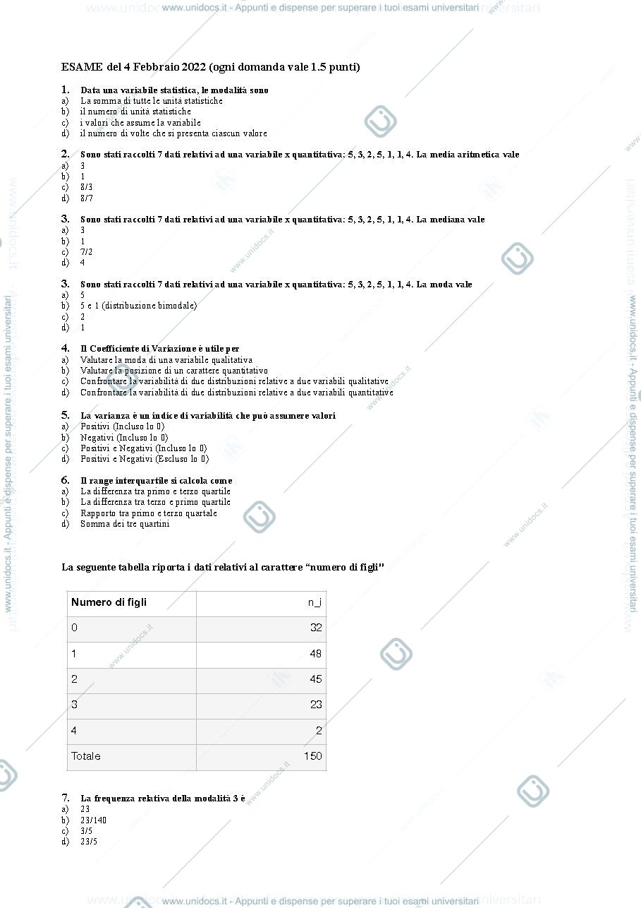 Anteprima pagina 1 — Esame matematica e statistica