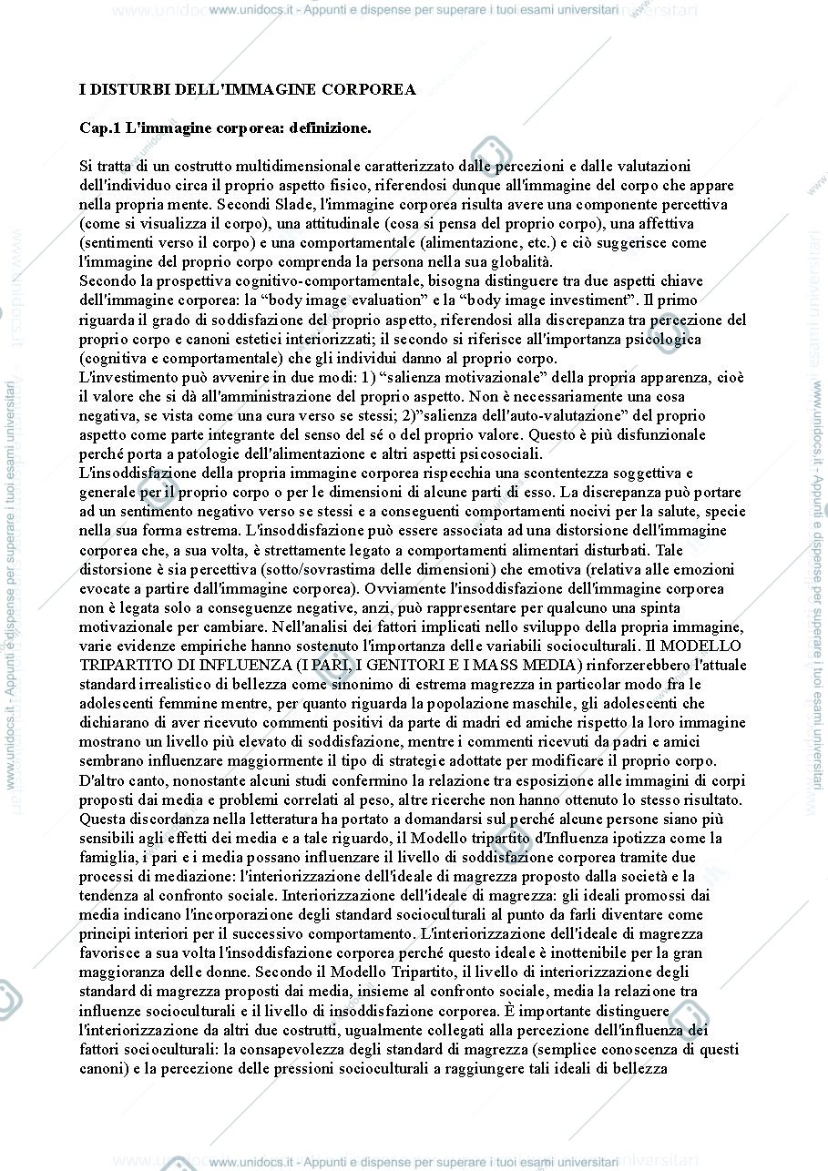 Anteprima pagina 1 — Riassunto "I Disturbi dell'Immagine Corporea" (Dèttore)