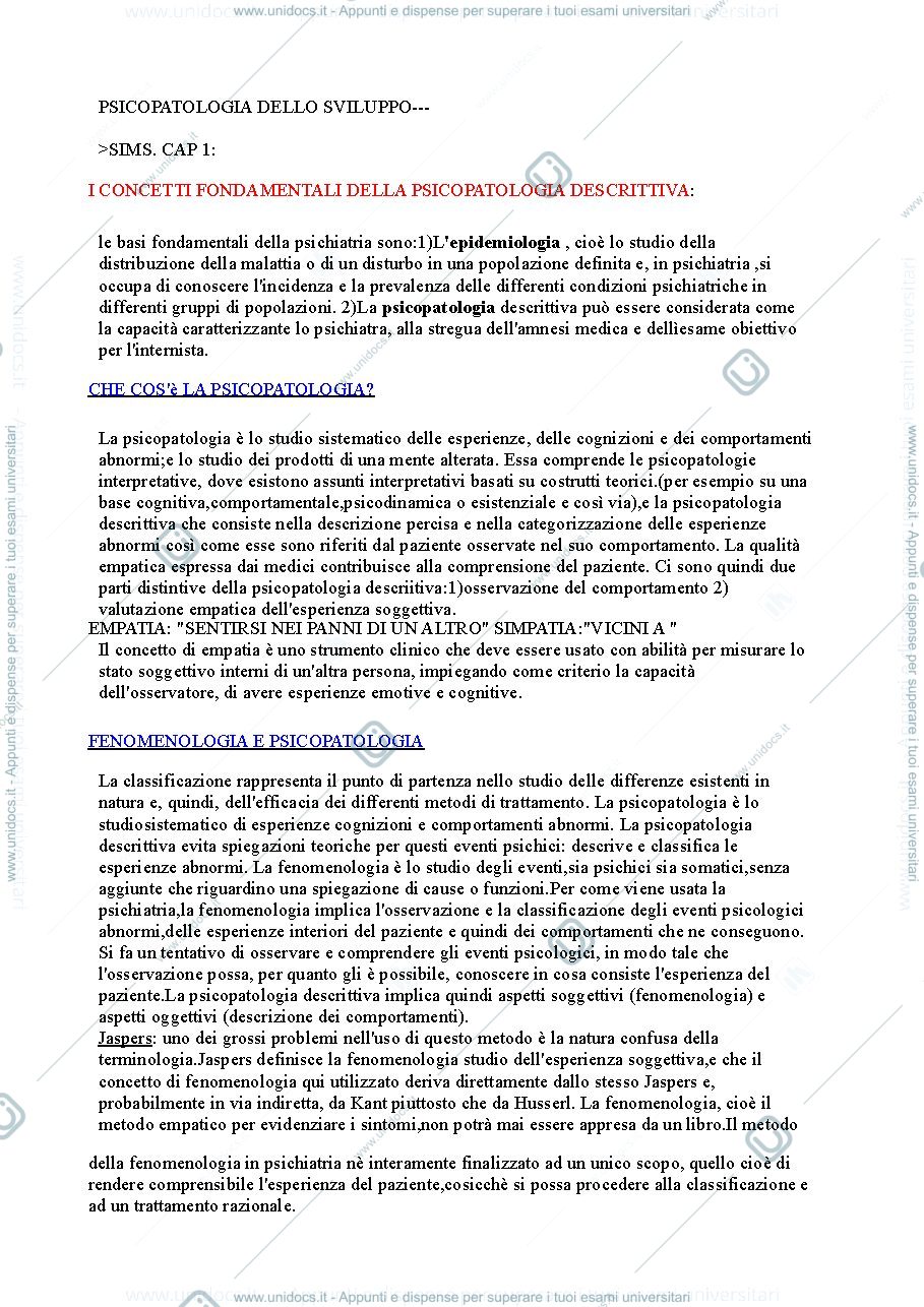 Anteprima pagina 1 — Riassunto "Introduzione alla Psicopatologia Descrittiva" (Sims)