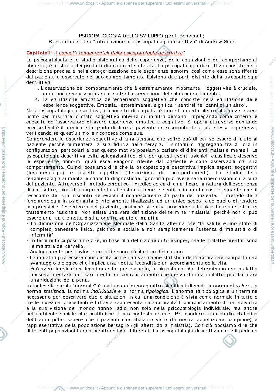 Anteprima pagina 1 — Riassunto "Introduzione alla Psicopatologia Descrittiva" (Sims)