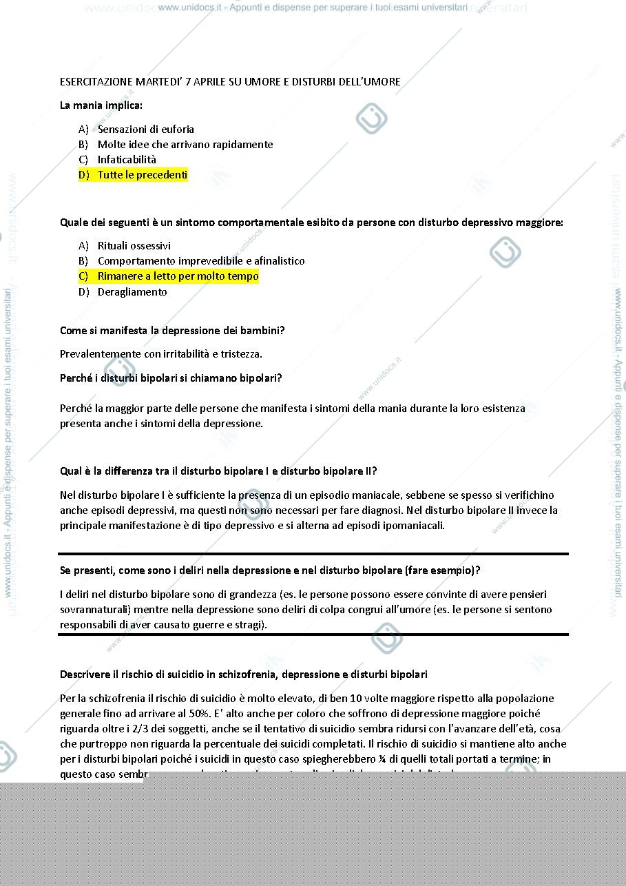 Anteprima pagina 1 — Esercitazione su umore e disturbi dell'umore
