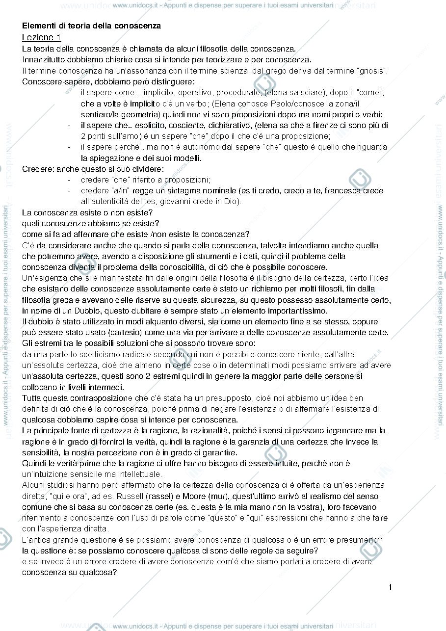 Anteprima pagina 1 — Riassunti delle lezioni di elementi di teoria della conoscenza 