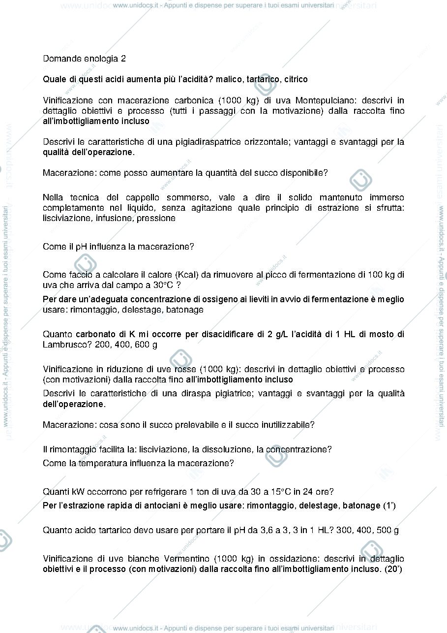 Anteprima pagina 1 — Domande Esame Enologia II