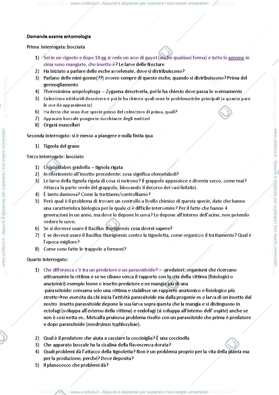 Anteprima pagina 1 — Domande e Risposte esame Entomologia Agraria