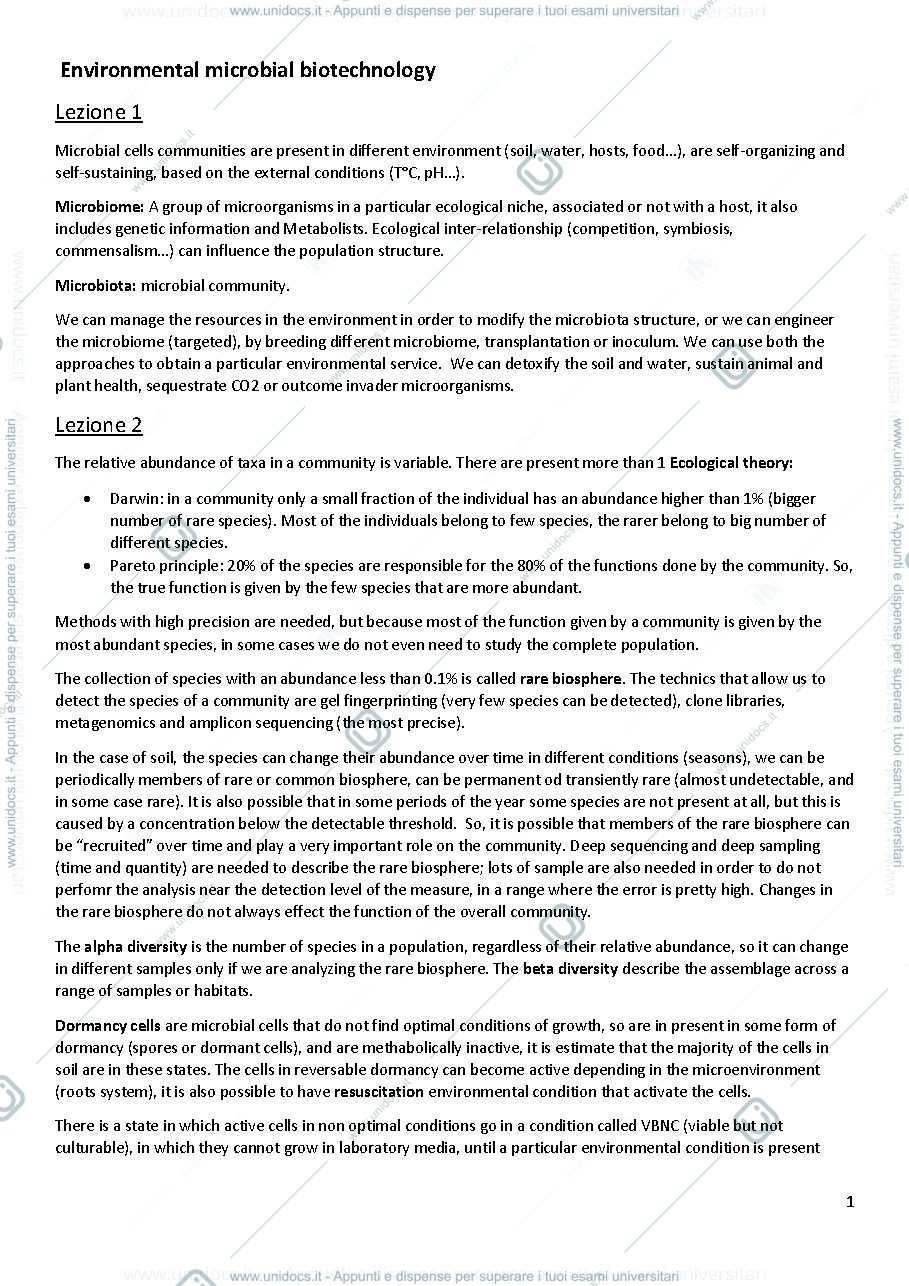 Anteprima pagina 1 — Appunti lezioni Environmental microbial biotechnology