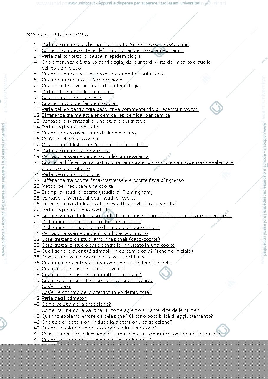 Anteprima pagina 1 — DOMANDE ESAME EPIDEMIOLOGIA