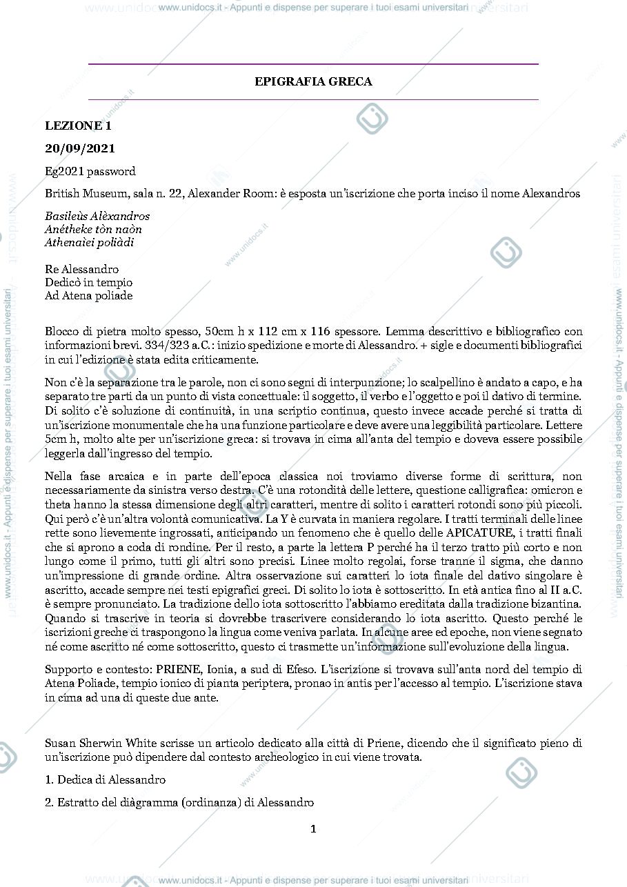 Anteprima pagina 1 — Appunti del corso di Epigrafia Greca a.a. 2021/2022