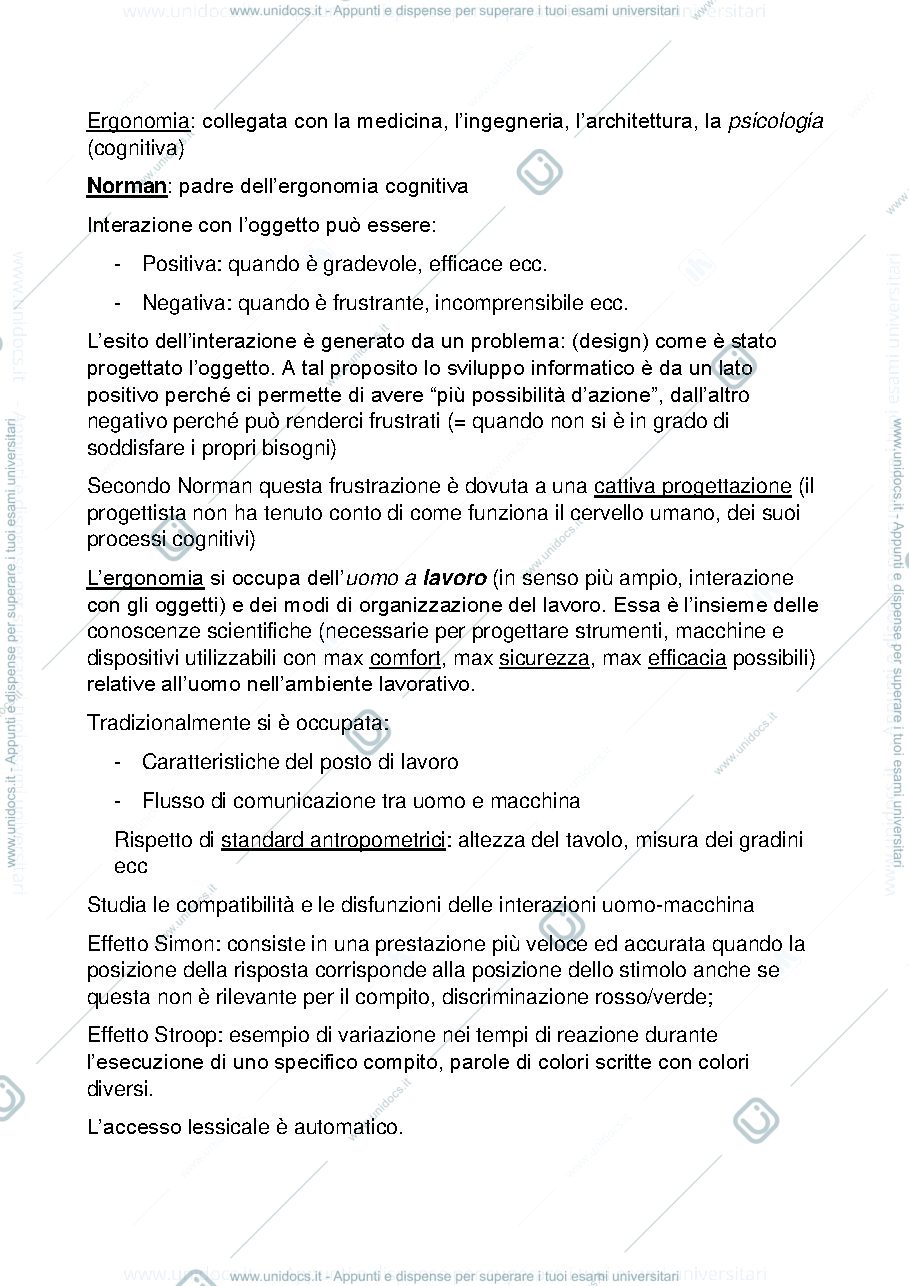 Anteprima pagina 1 — Appunti lezione Ergonomia