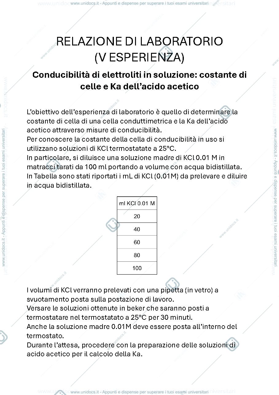 Anteprima pagina 1 — Esercitazione di laboratorio sulla conduttimetria