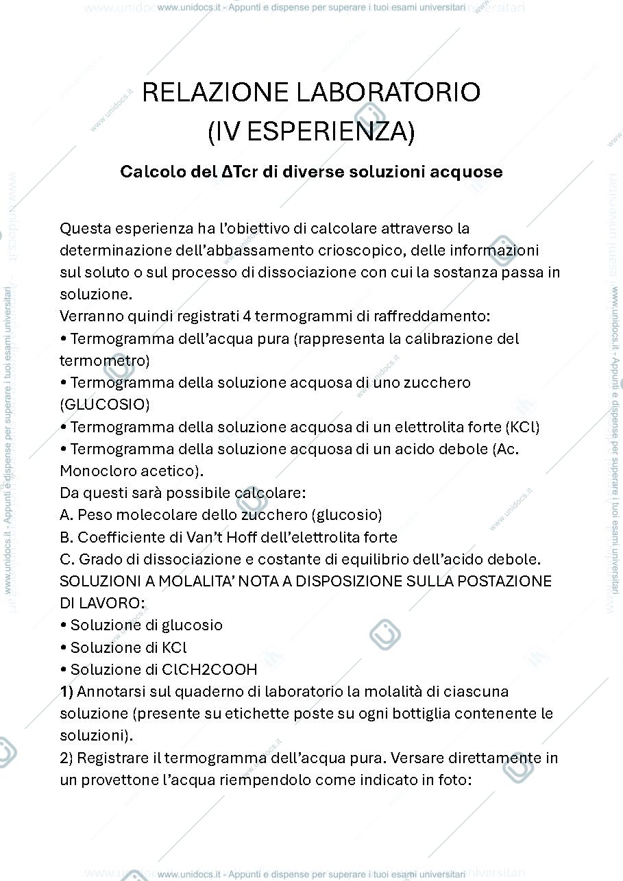 Anteprima pagina 1 — Esercitazione di laboratorio sulla crioscopia