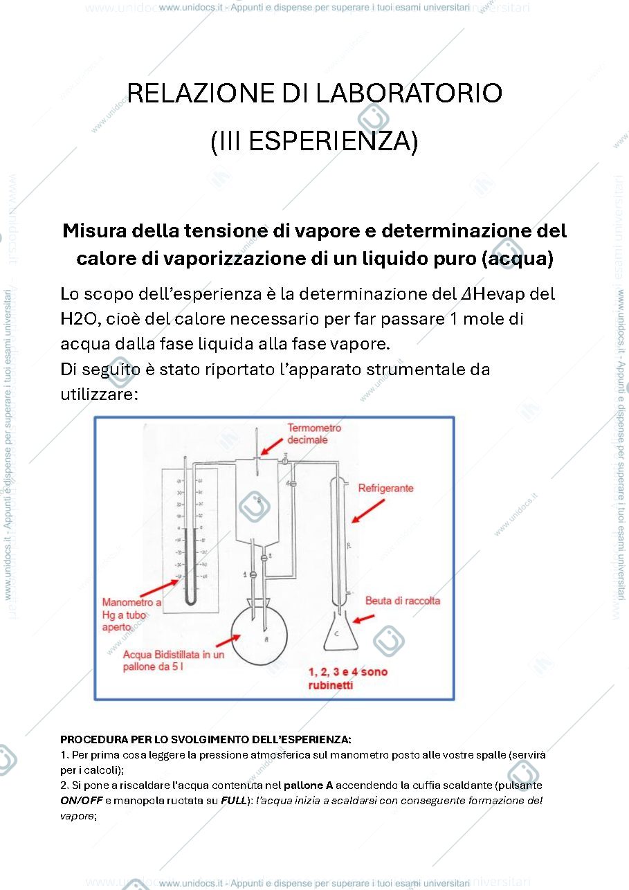Anteprima pagina 1 — Esercitazione del laboratorio per la misura del calore di vaporizzazione
