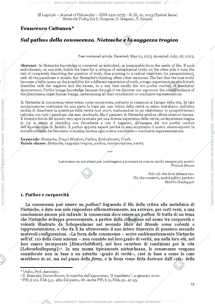 Anteprima pagina 1 — Francesco Cattaneo, Sul pathos della conoscenza. Nietzsche e la saggezza tragica
