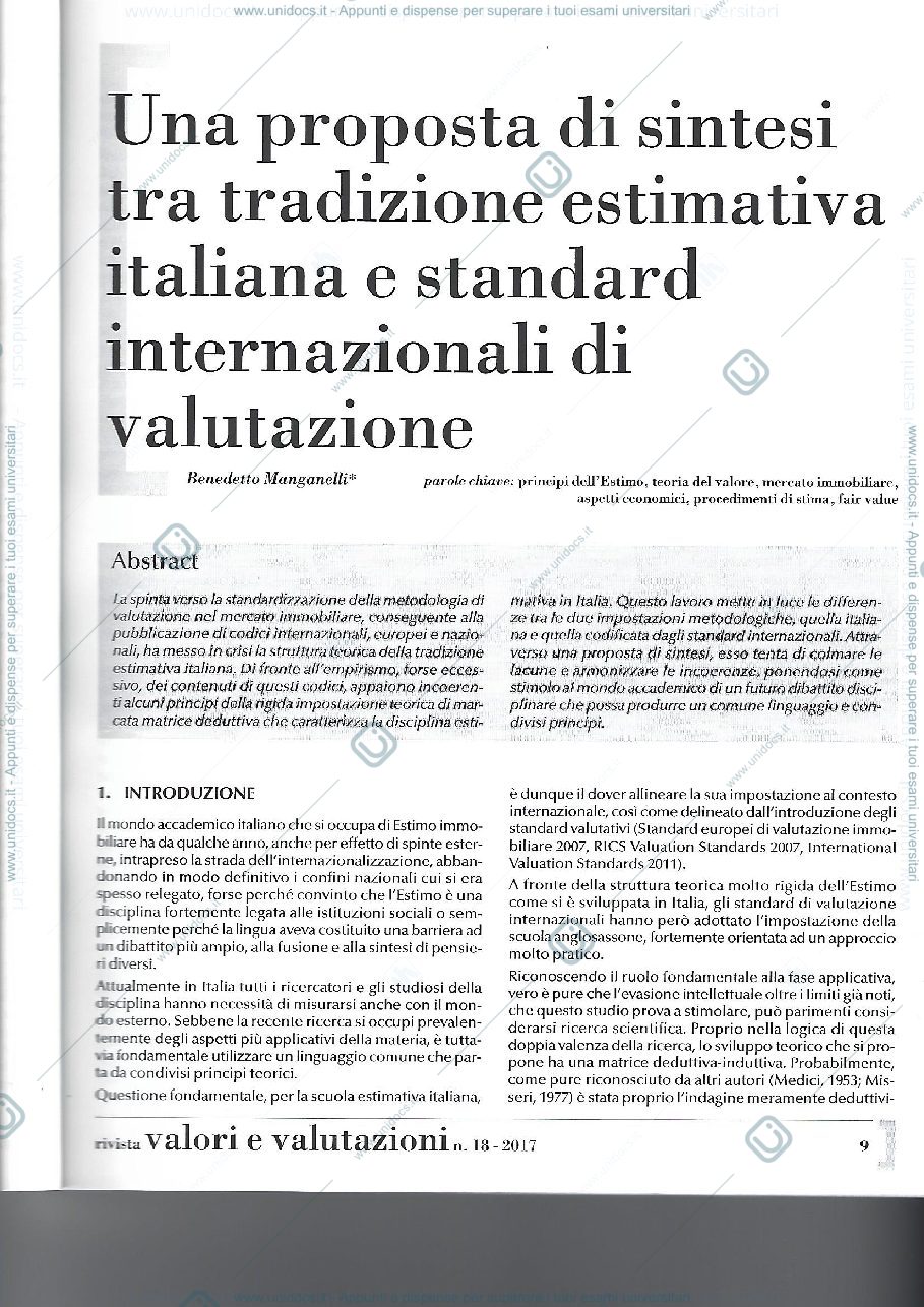Anteprima pagina 1 — una proposta di sintesi tra tradizione estimativa italiana e standard internazionali di valutazioni