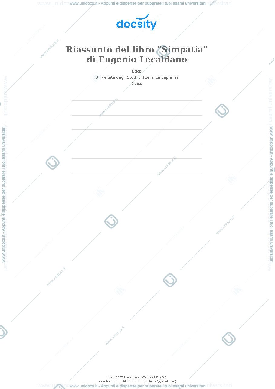 Anteprima pagina 1 — Riassunto del libro "Simpatia" di Eugenio Lecaldano