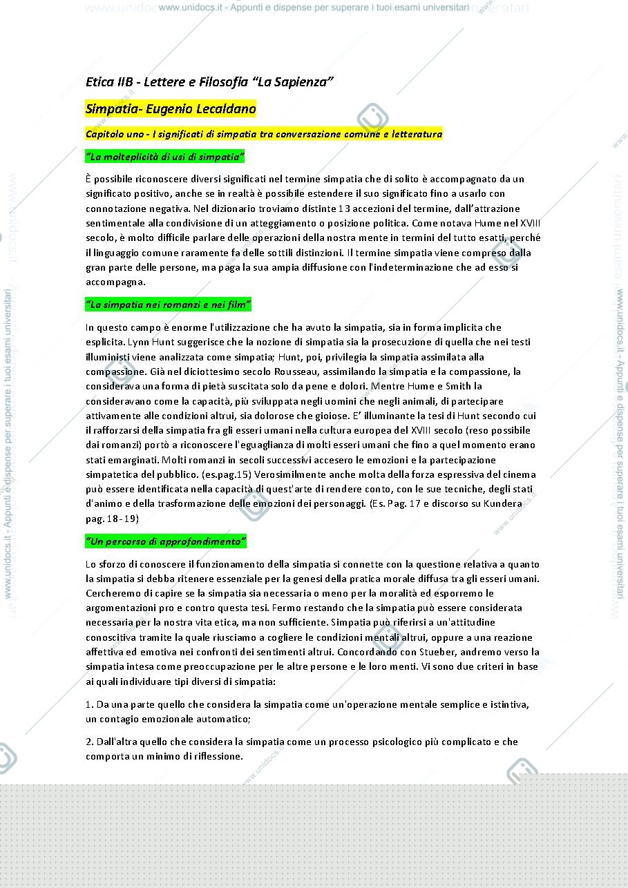 Anteprima pagina 2 — Riassunto del libro "Simpatia" di Eugenio Lecaldano
