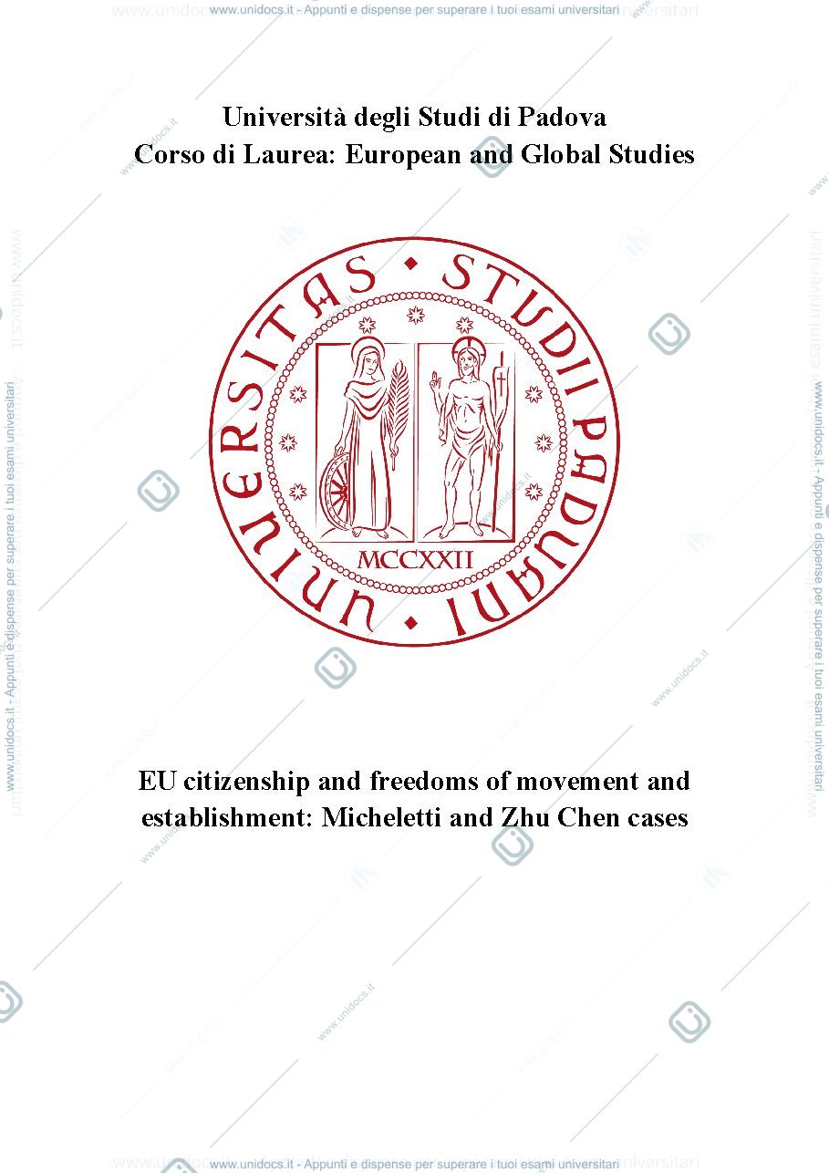 Anteprima pagina 1 — EU citizenship and freedoms of movement and establishment: Micheletti and Zhu Chen cases