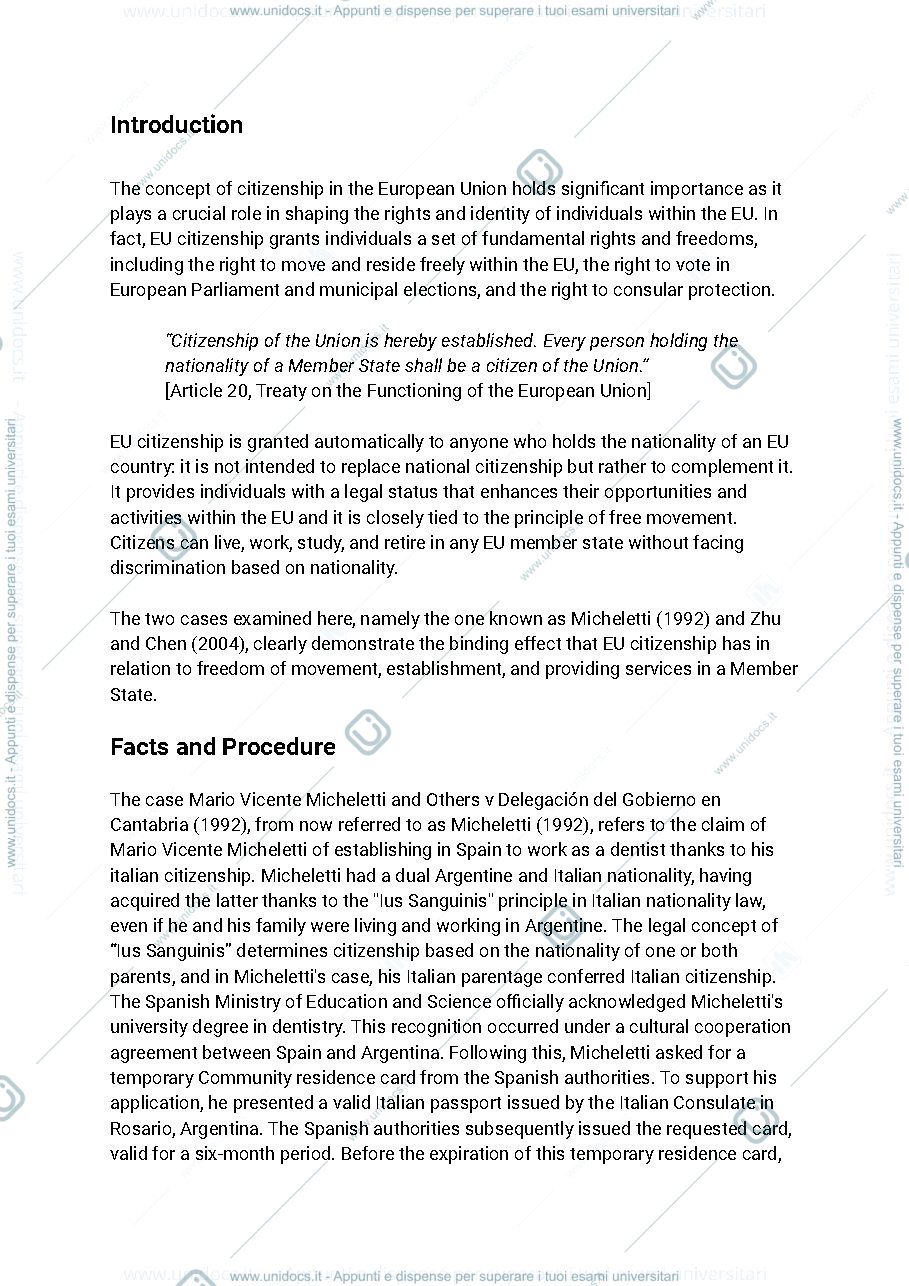 Anteprima pagina 2 — EU citizenship and freedoms of movement and establishment: Micheletti and Zhu Chen cases