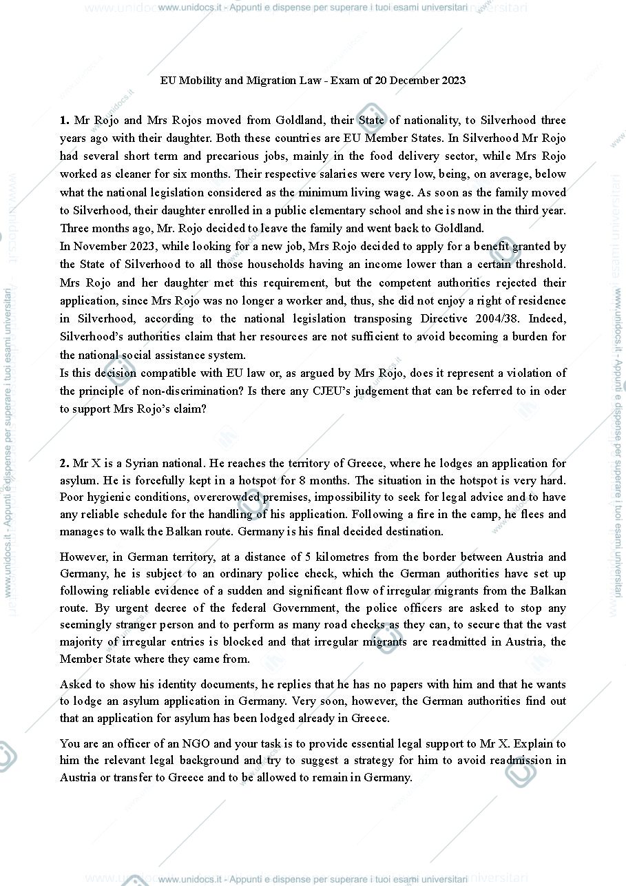 Anteprima pagina 1 — domande esame Eu Mobility and Migration Law