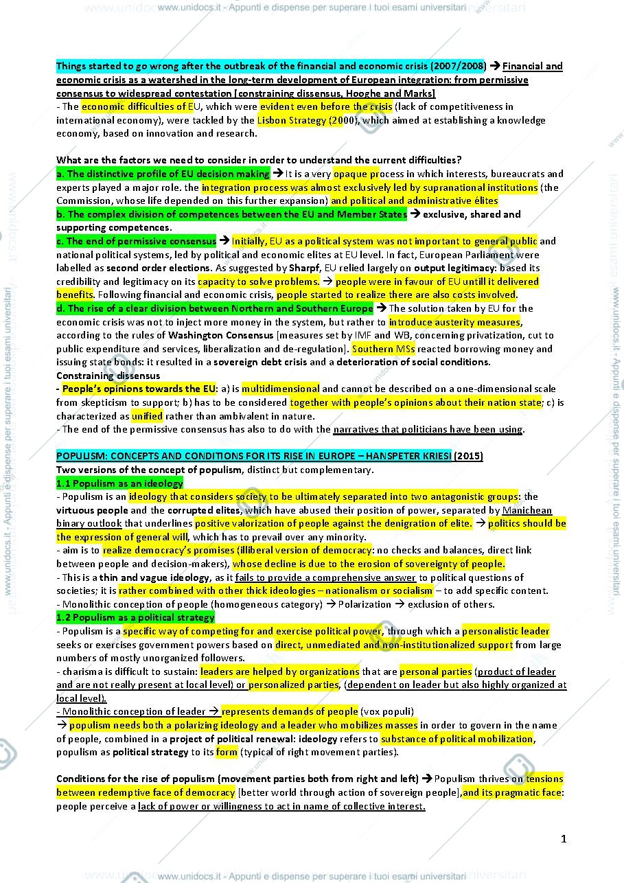Anteprima pagina 1 — EU politics and policies - Appunti e readings integrati