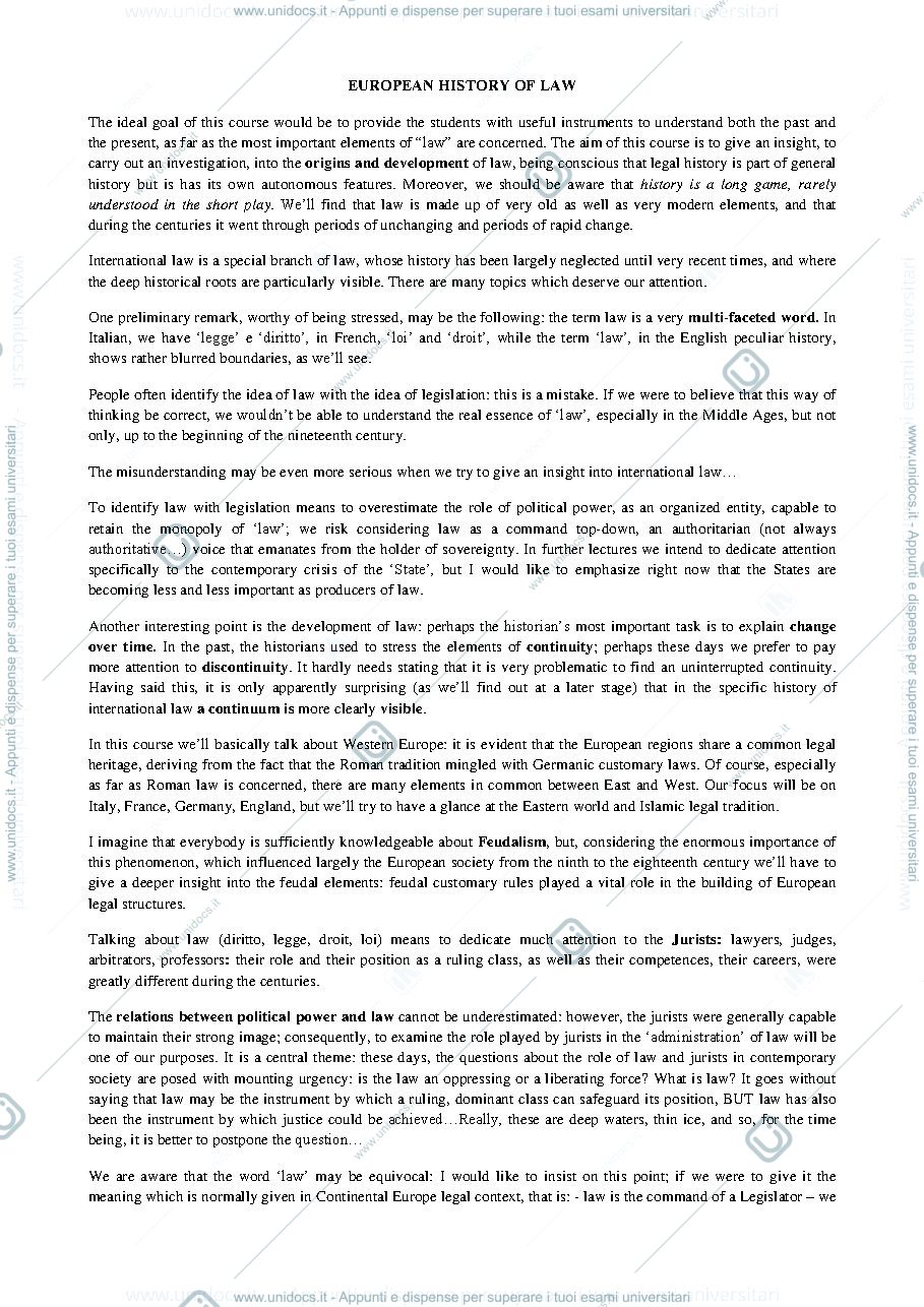 Anteprima pagina 1 — Riassunto programma di European History of Law