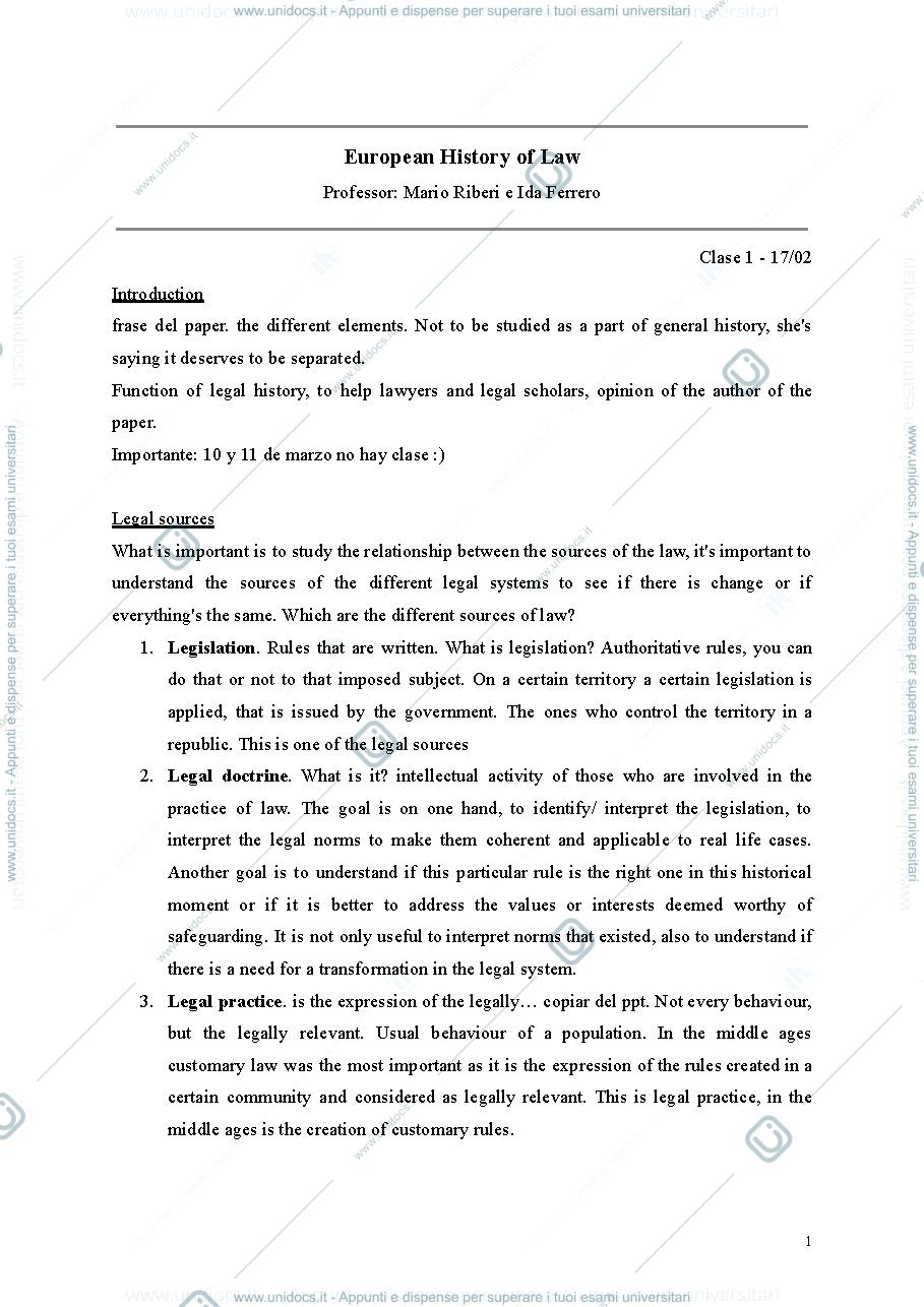 Anteprima pagina 1 — European History of Law - Clases