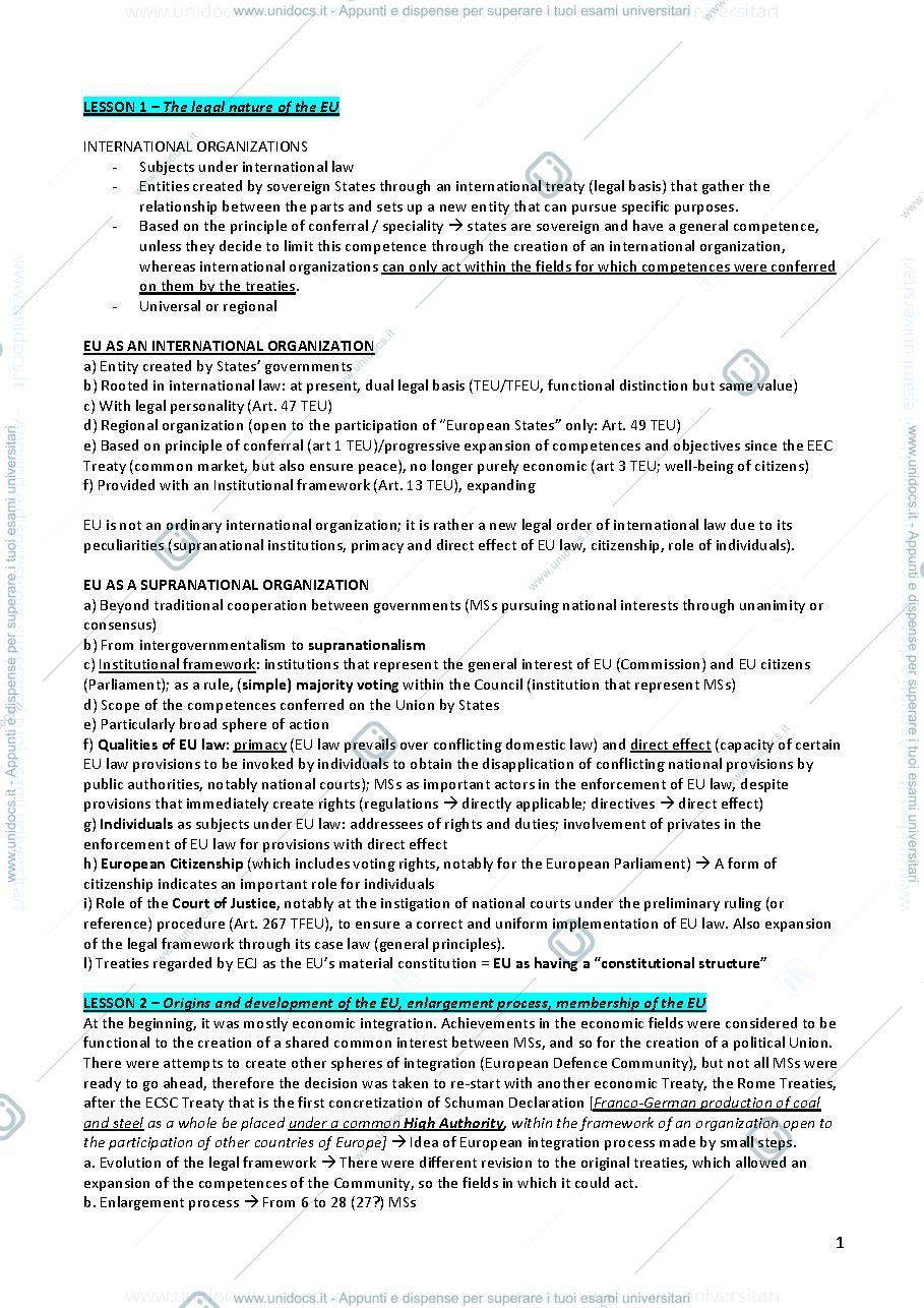 Anteprima pagina 1 — EU LAW - Appunti integrati con slides