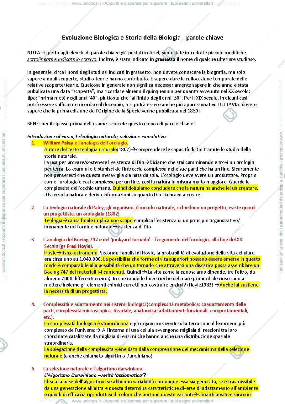 Anteprima pagina 1 — Esame evoluzione biologica