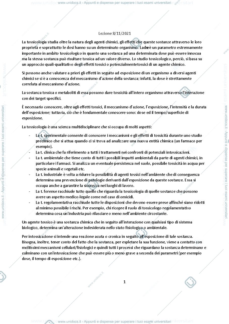 Anteprima pagina 1 — PARTE DI TOSSICOLOGIA