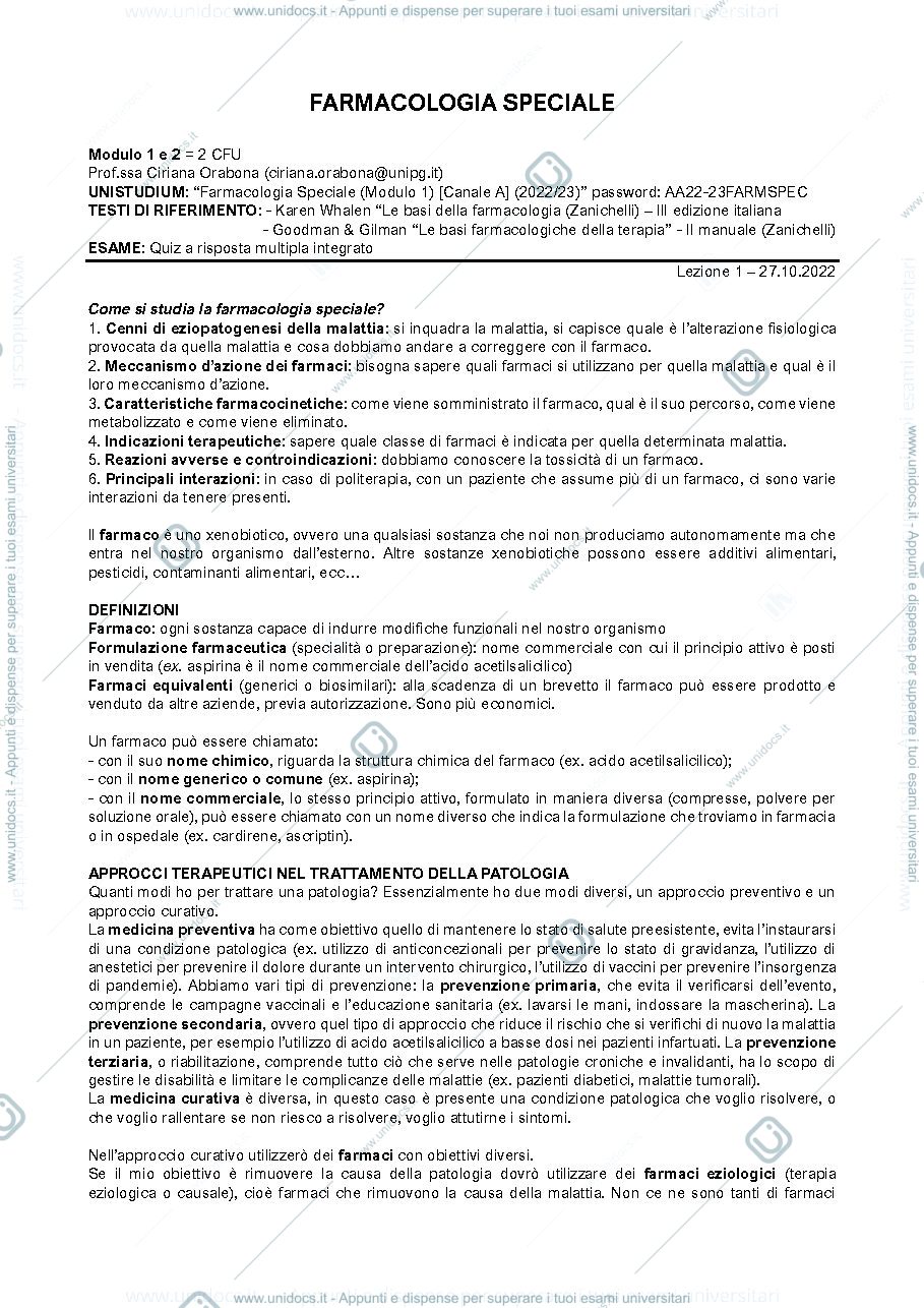Anteprima pagina 1 — Sbobine farmacologia speciale (modulo 1 e 2), prof. Orabona