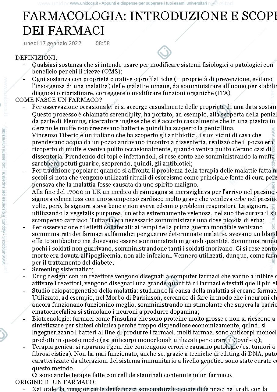 Anteprima pagina 1 — Farmacologia: introduzione e scoperta dei farmaci