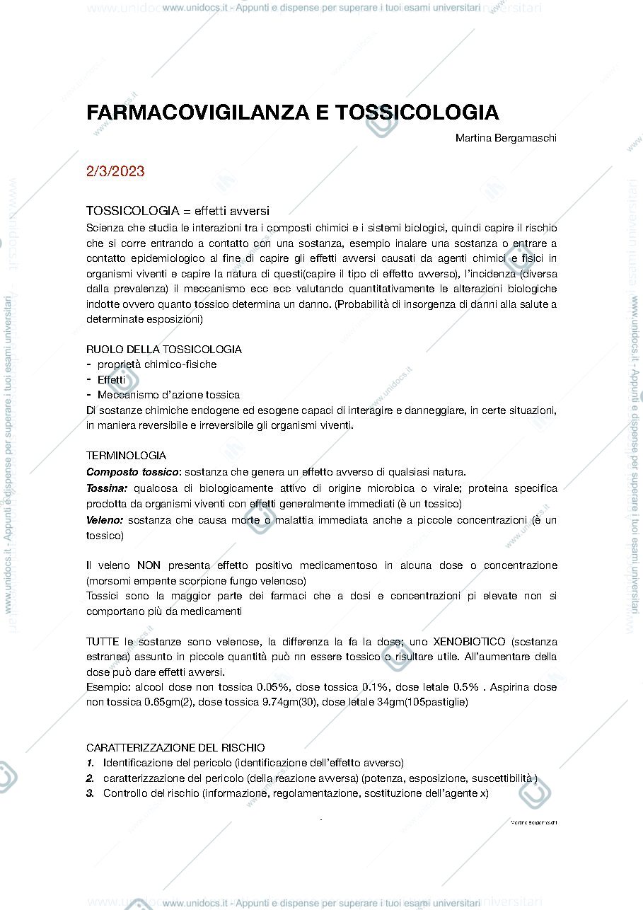 Anteprima pagina 1 — Appunti farmacovigilanza e tossicologia