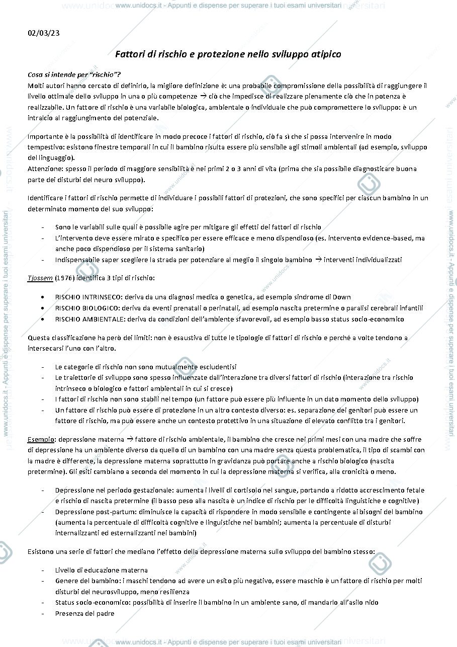 Anteprima pagina 1 — Lezione 1 fattori di rischio e protezione sviluppo atipico