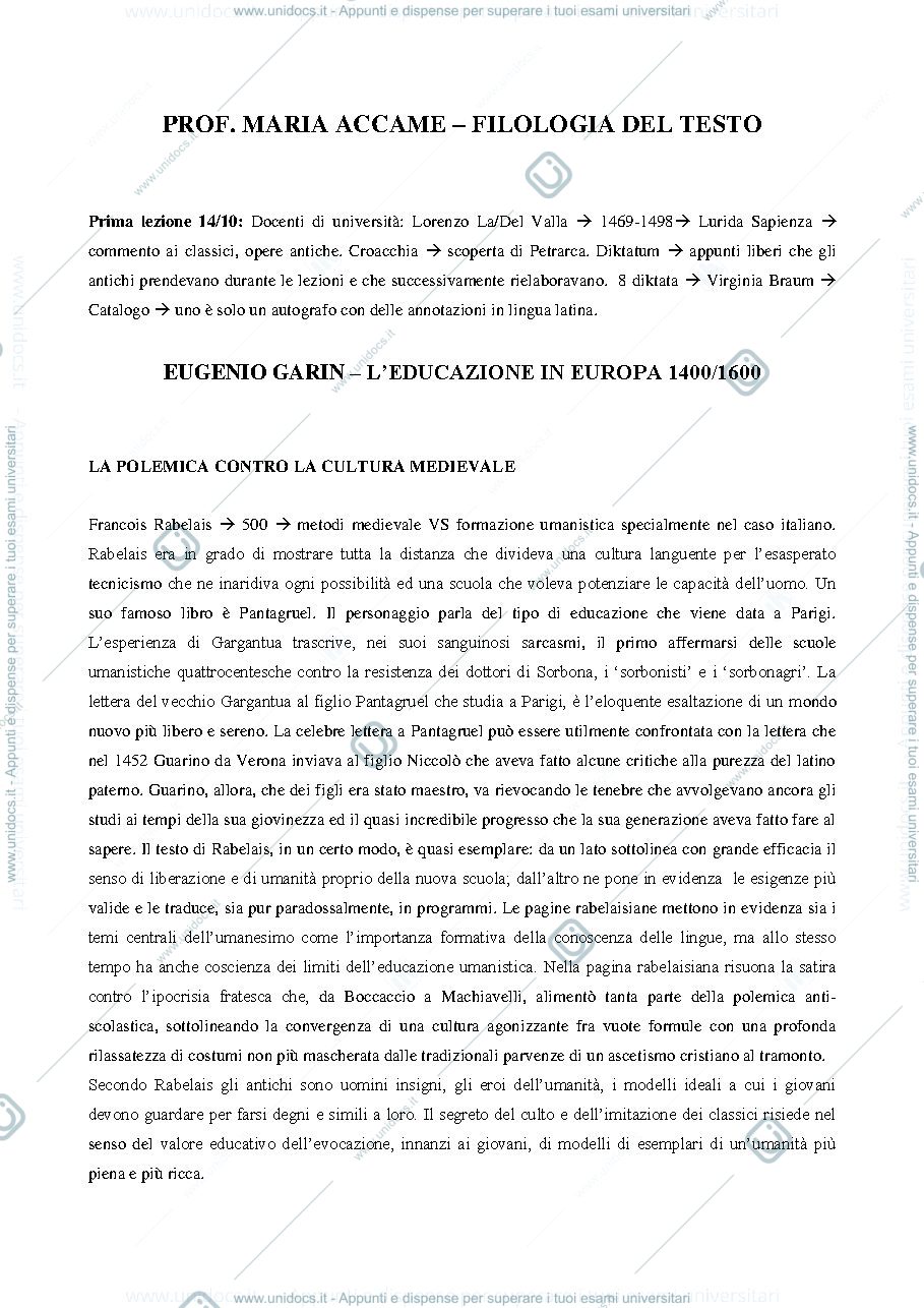 Anteprima pagina 1 — Riassunto Filologia del Testo