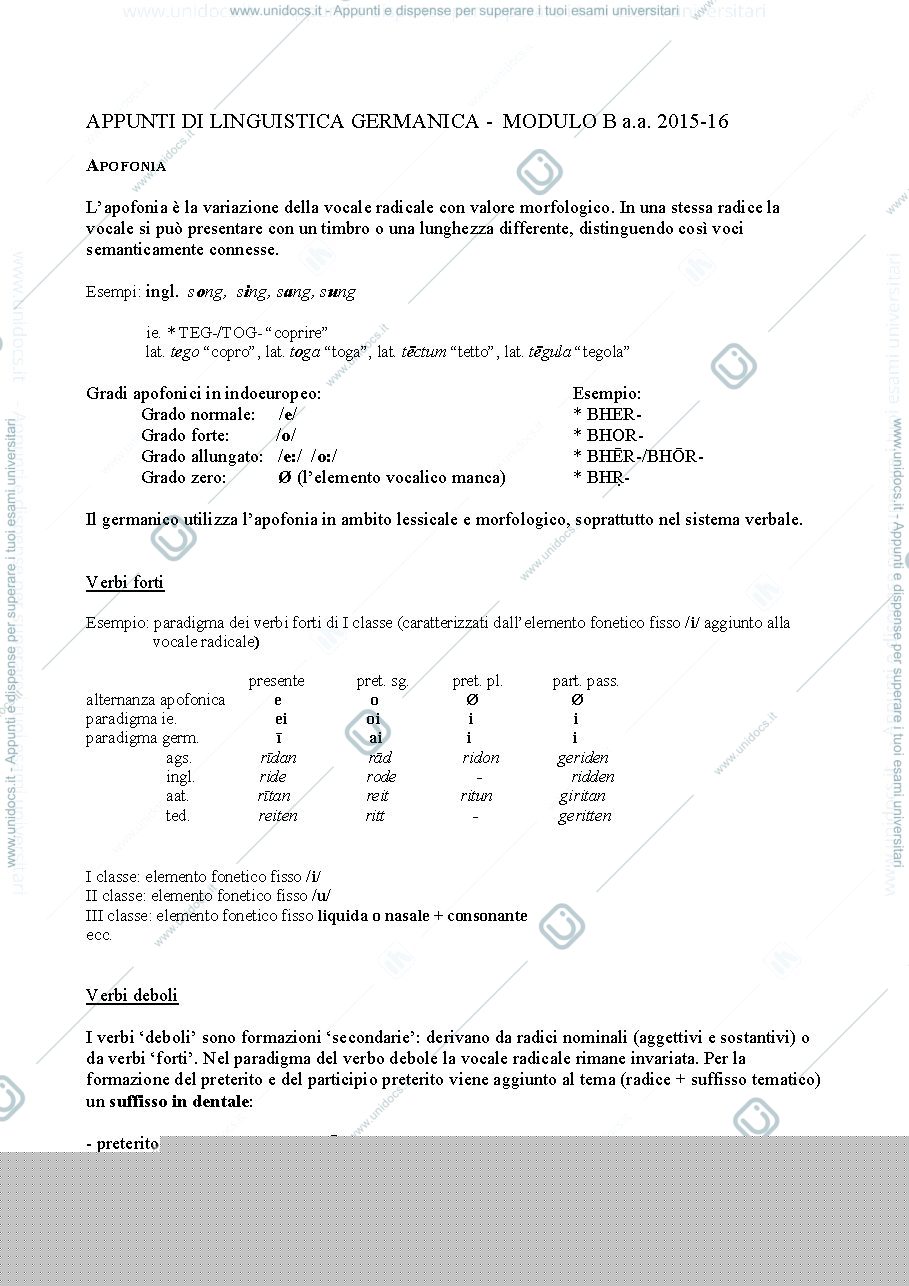 Anteprima pagina 1 — Appunti di linguistica germanica Apofonia
