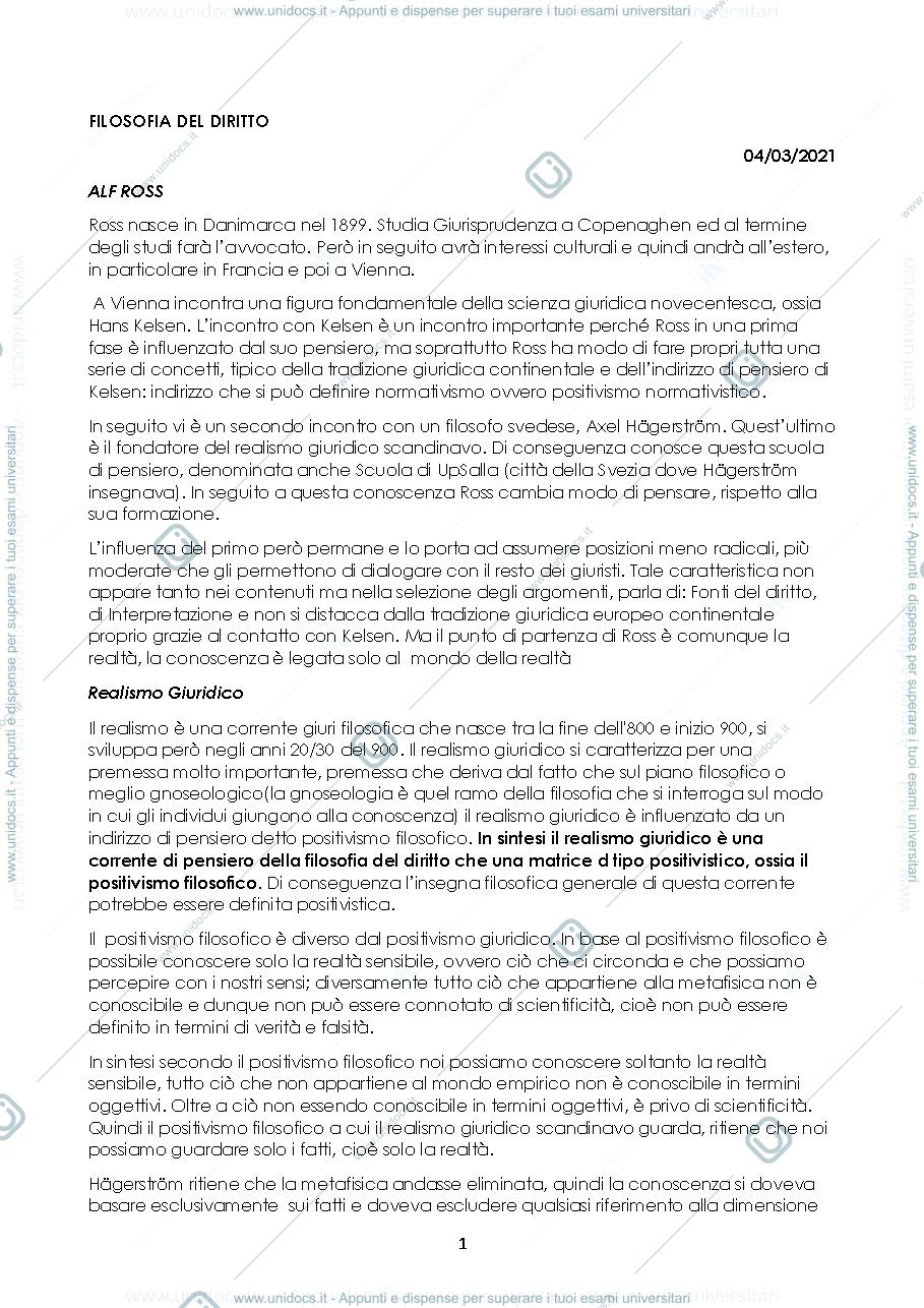 Anteprima pagina 1 — Filosofia del Diritto Ross