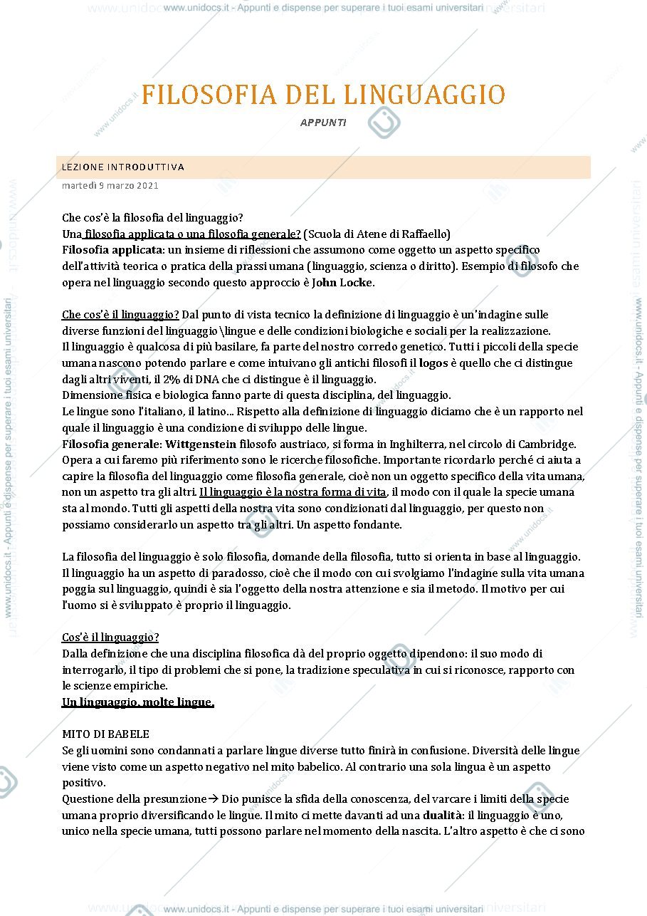 Anteprima pagina 1 — Appunti filosofia del linguaggio 