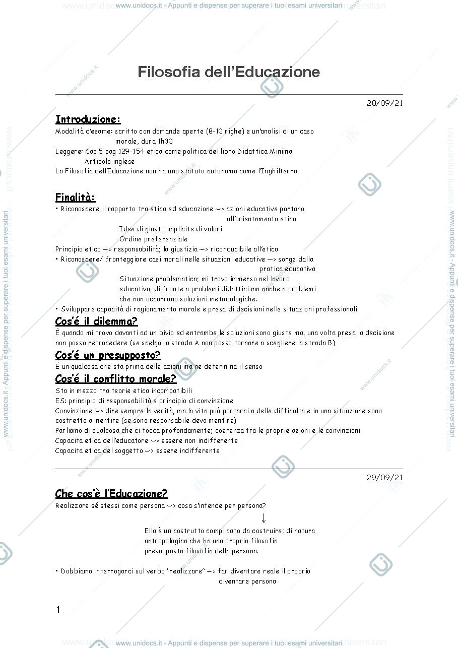 Anteprima pagina 1 — appunti di filosofia dell'educazione parte 1