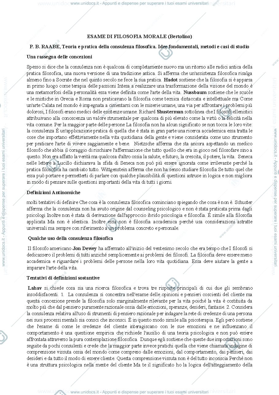 Anteprima pagina 1 — Riassunto testo P. B. RAABE, Teoria e pratica della consulenza filosofica