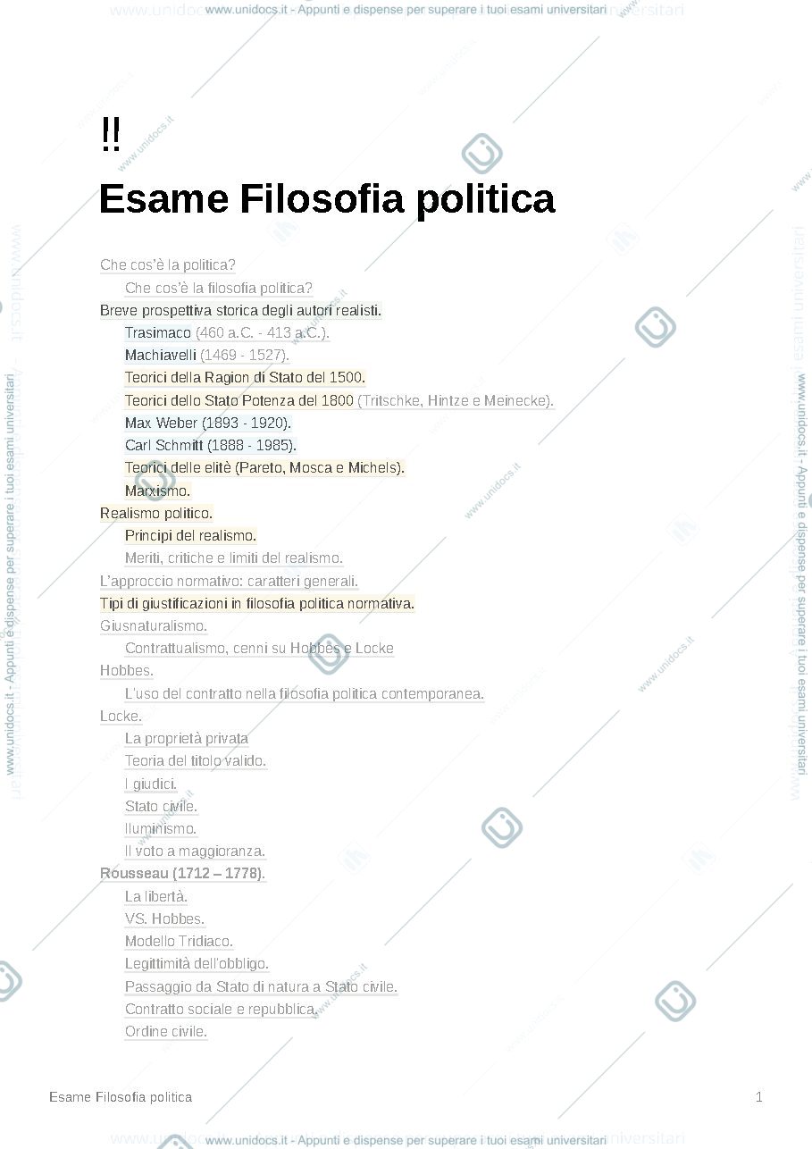 Anteprima pagina 1 — Esame filosofia politica