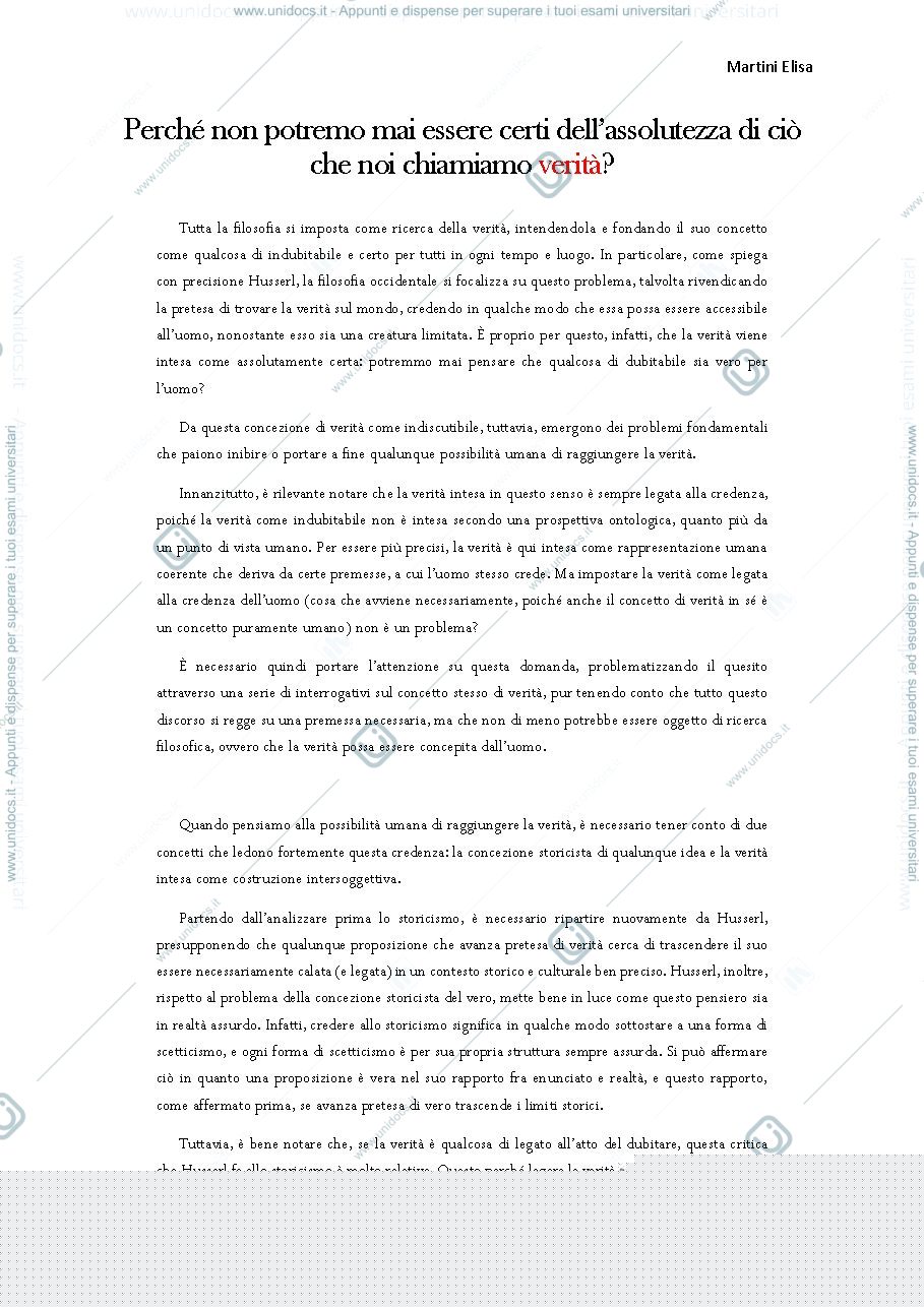 Anteprima pagina 1 — Perché non potremo mai essere certi dell’assolutezza di ciò  che noi chiamiamo verità?