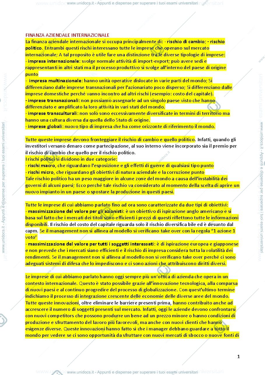Anteprima pagina 1 — Finanza Aziendale Internazionale I