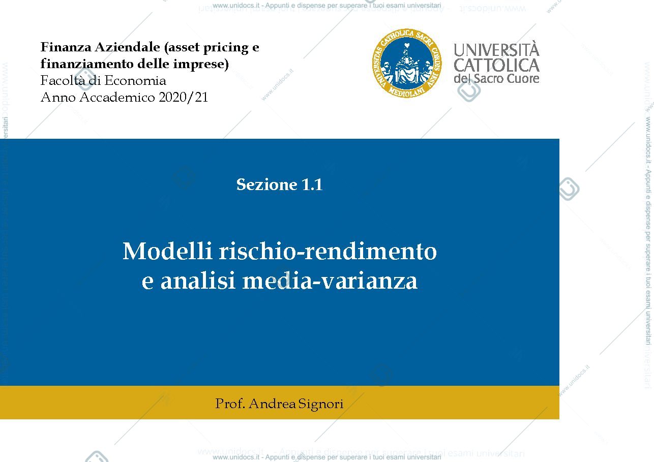 Anteprima pagina 1 — slides finanza aziendale (asset pricing)